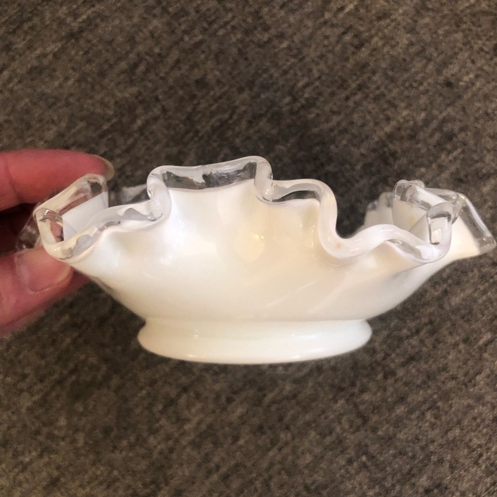 Fenton Milk Glass Clear Ruffled Edge Silvercrest Trinket Dish 6” in Diameter